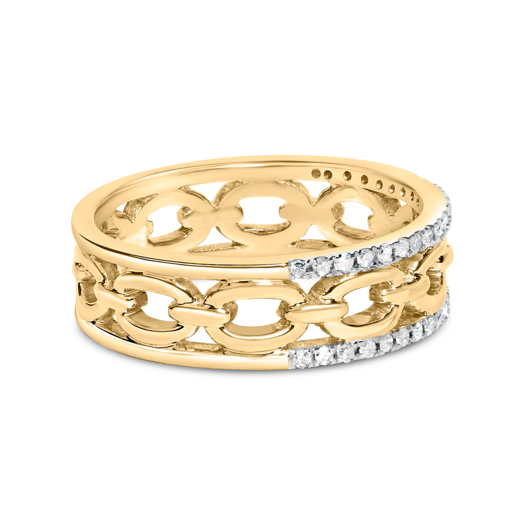 10K Yellow Gold 1/5 Cttw Diamond Two Row Cuban Link Ring (I-J Color, I2-I3 Clarity) - Size 7