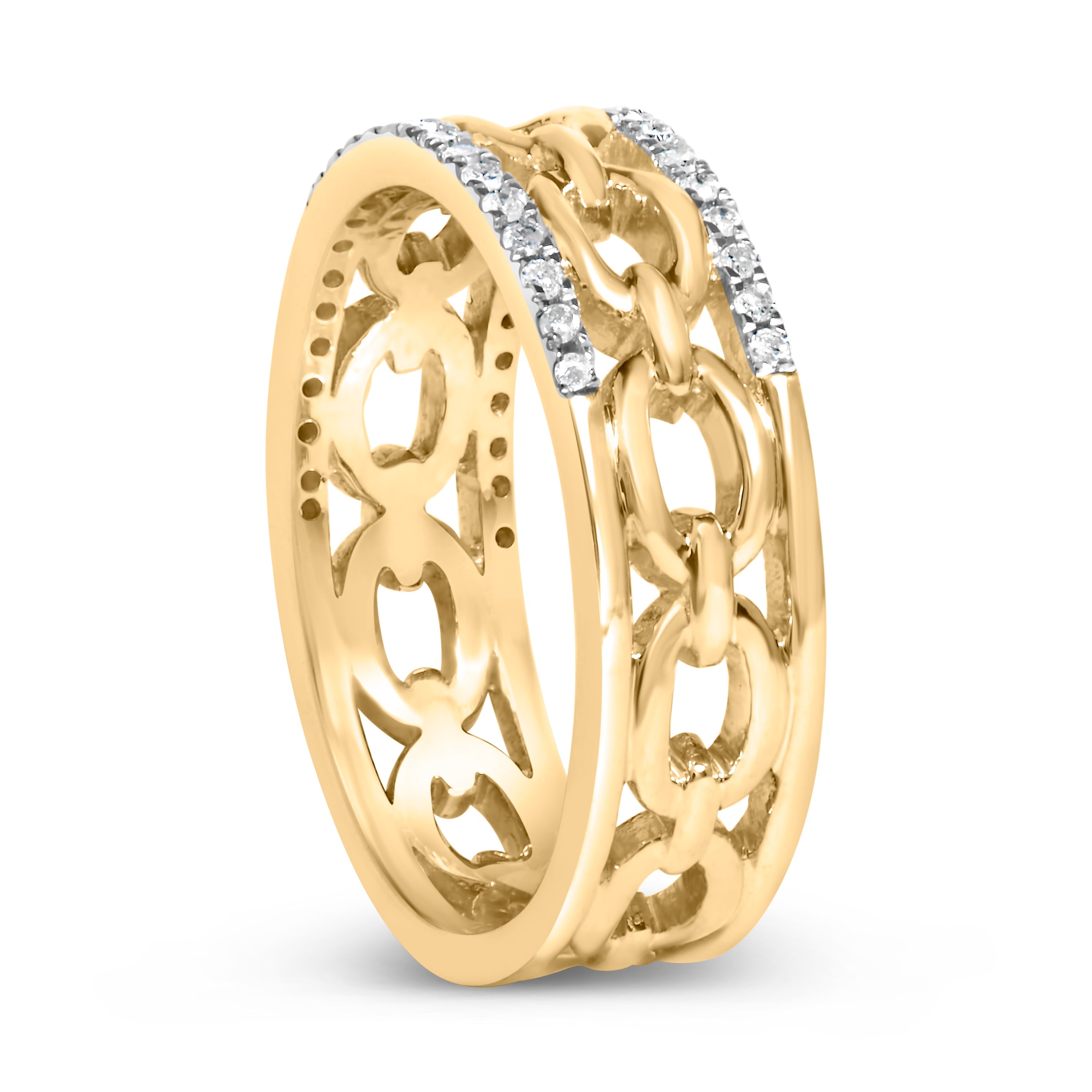 10K Yellow Gold 1/5 Cttw Diamond Two Row Cuban Link Ring (I-J Color, I2-I3 Clarity) - Size 7