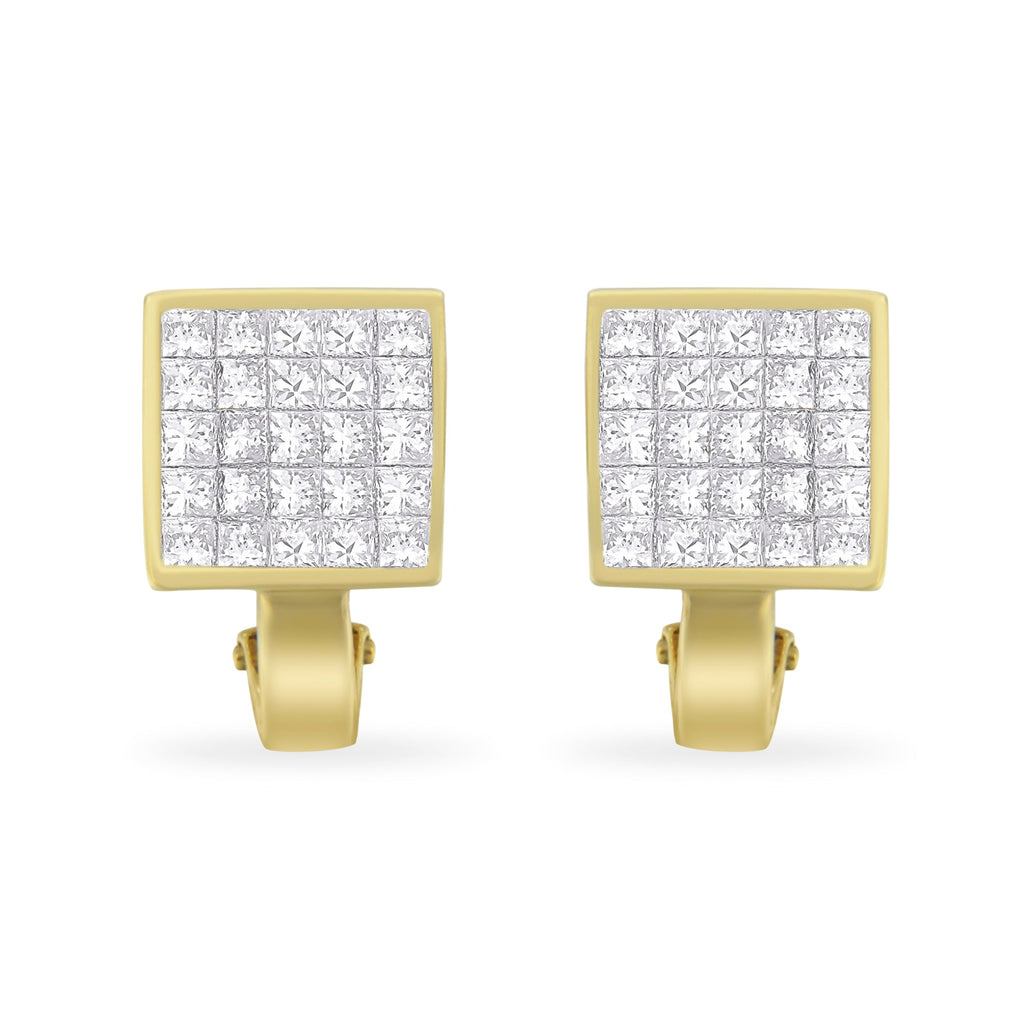 14K Yellow Gold 3-1/5 Cttw Princess Cut Diamond Â¾ Square Invisible Set Grid Huggy Style Omega Back Stud Earrings (G-H Color, VS1-VS2 Clarity)