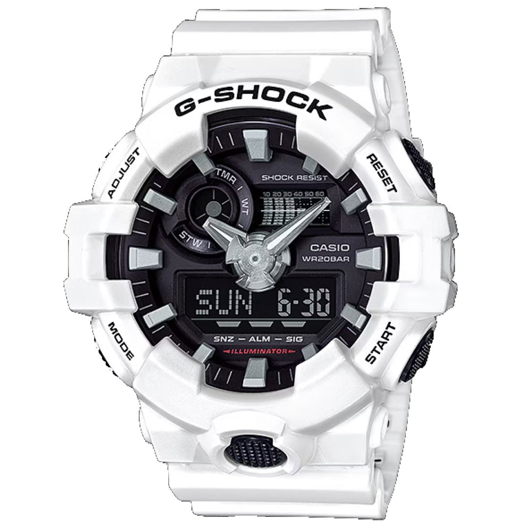 Casio Men's G-Shock GA-700 Series Quartz Watch – Black Dial, White Strap, 53mm