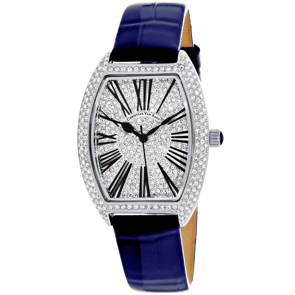 Luxury watch with blue strap and diamond-studded face on a white background