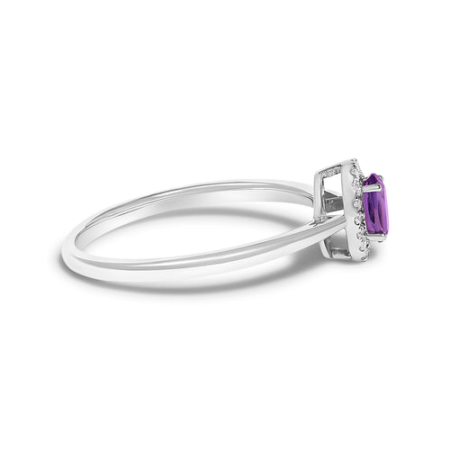10K White Gold 5X3MM Oval Purple Amethyst and Diamond Accent Halo Ring (I-J Color, I1-I2 Clarity) - Ring Size 6.5