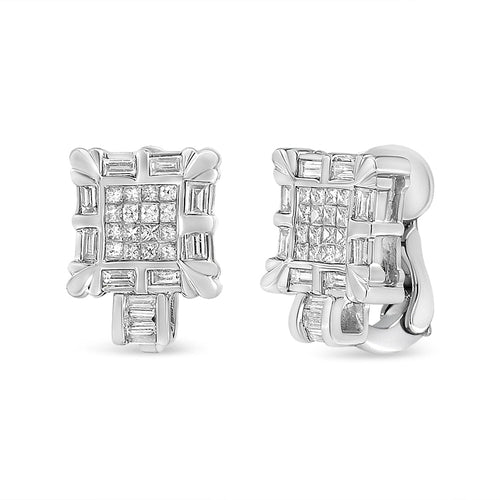 14K White Gold 1.0 Cttw Princess and Baguette-Cut Diamond Square Framed Huggie Hoop Omega Earrings (H-I Color, SI1-SI2 Clarity) - LUXGRIAL