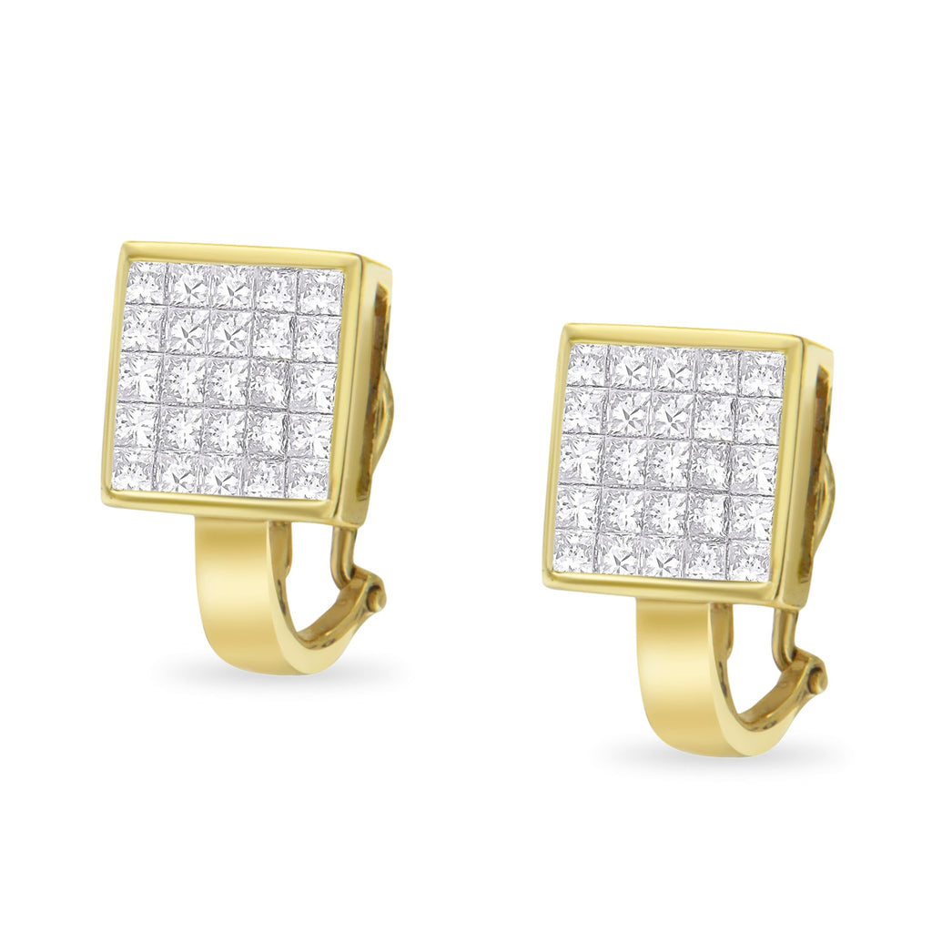 14K Yellow Gold 3-1/5 Cttw Princess Cut Diamond Â¾ Square Invisible Set Grid Huggy Style Omega Back Stud Earrings (G-H Color, VS1-VS2 Clarity)