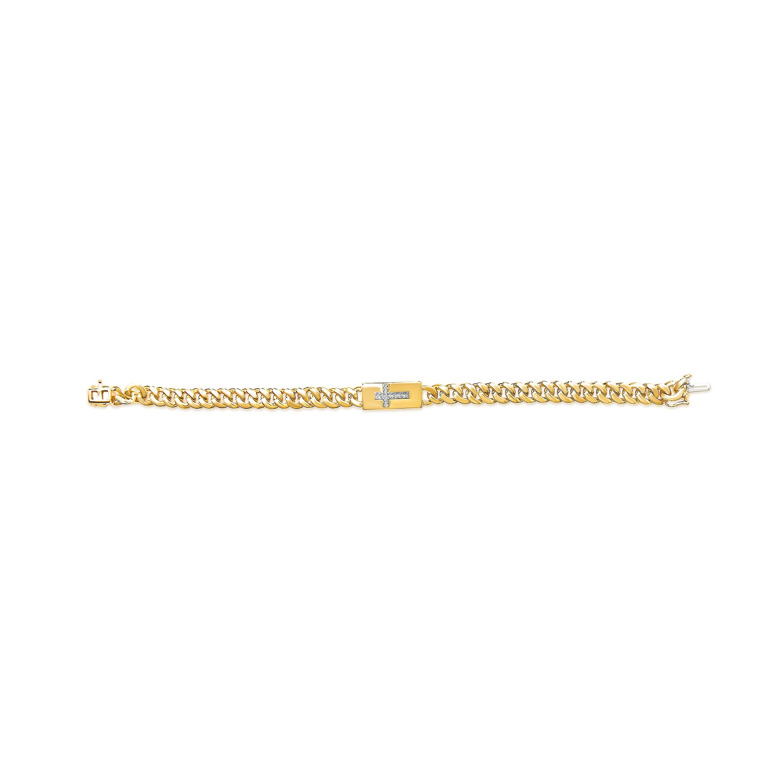 14K Yellow Gold Plated .925 Sterling Silver Diamond Accent Inlaid Cross Cuban Link Bracelet (I-J Color, I3 Clarity)-  7.25"