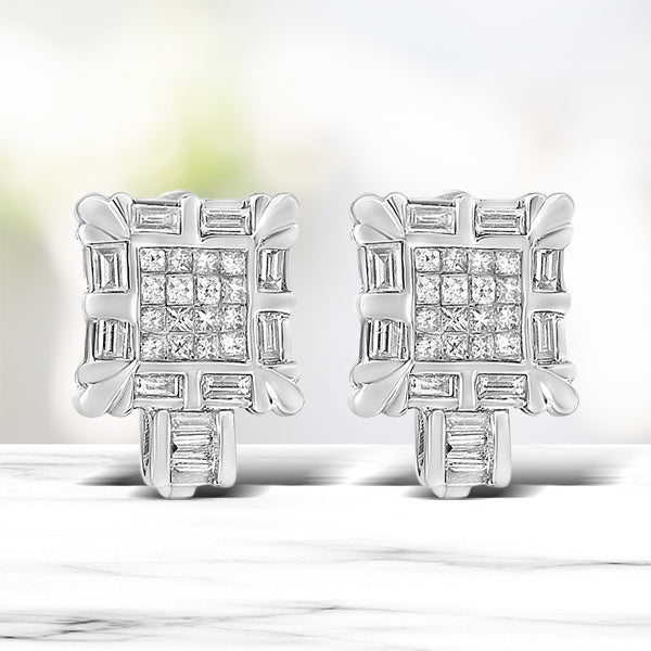 14K White Gold 1.0 Cttw Princess and Baguette-Cut Diamond Square Framed Huggie Hoop Omega Earrings (H-I Color, SI1-SI2 Clarity)
