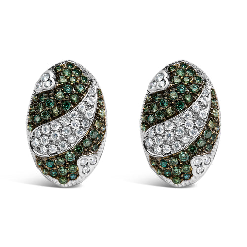 14K White Gold 2.00 Cttw White and Treated Blue Diamond Oval Shield Omega Back Earrings (H-I Color, SI1-SI2 Clarity) - LUXGRIAL
