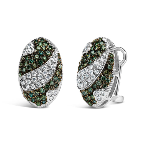 14K White Gold 2.00 Cttw White and Treated Blue Diamond Oval Shield Omega Back Earrings (H-I Color, SI1-SI2 Clarity) - LUXGRIAL