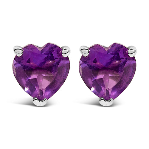 14K White Gold 5MM Heart Cut Purple Amethyst Solitaire Stud Earrings - LUXGRIAL