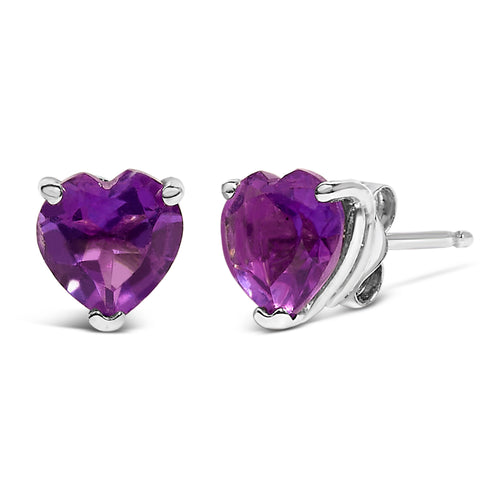 14K White Gold 5MM Heart Cut Purple Amethyst Solitaire Stud Earrings - LUXGRIAL