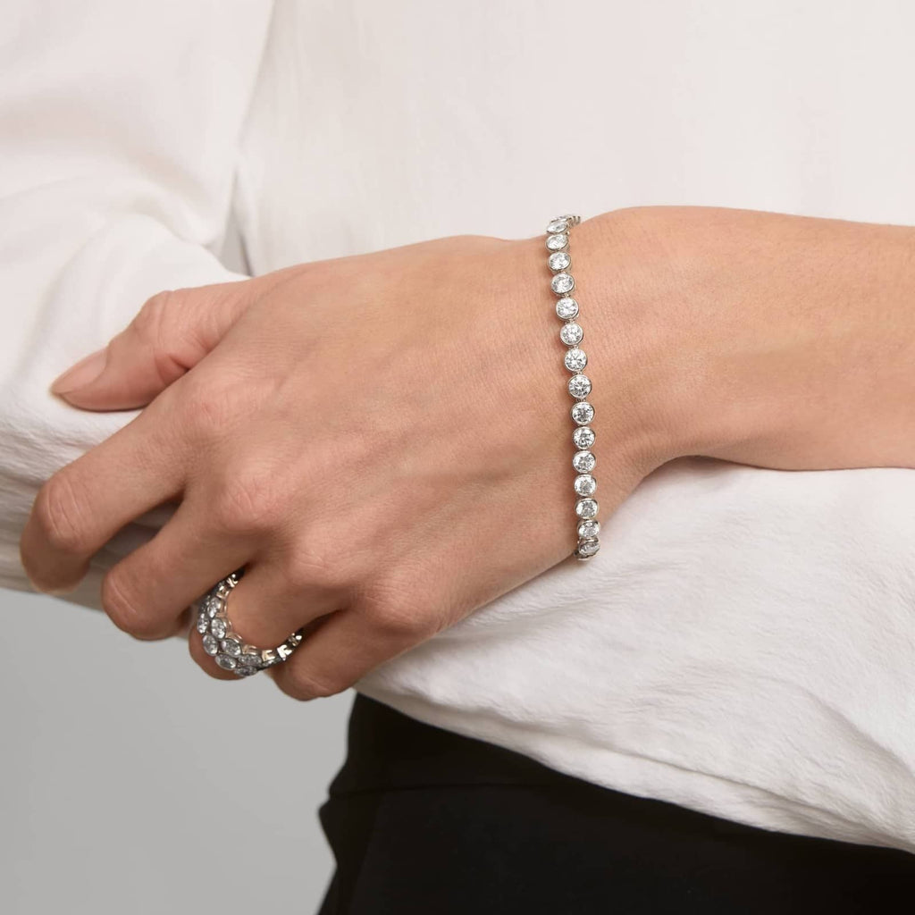 10 CTW Bezel Set Created Moissanite Tennis Bracelet in 14Kt Gold Plated – Round Cut, 7 Inch - LUXGRIAL