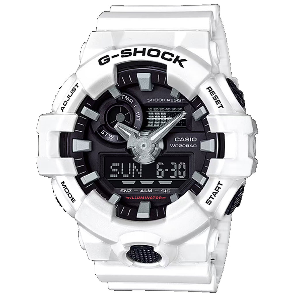 Casio Men's G-Shock GA-700 Series Quartz Watch – Black Dial, White Strap, 53mm
