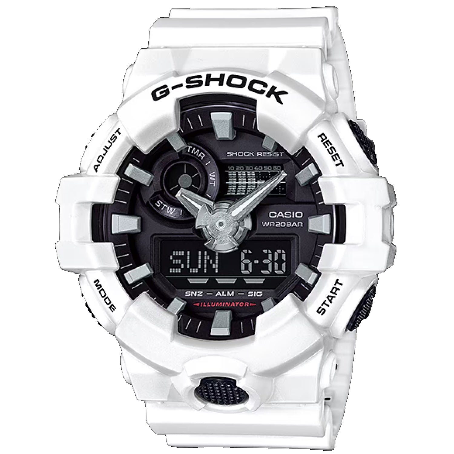 Casio Men's G-Shock GA-700 Series Quartz Watch – Black Dial, White Strap, 53mm