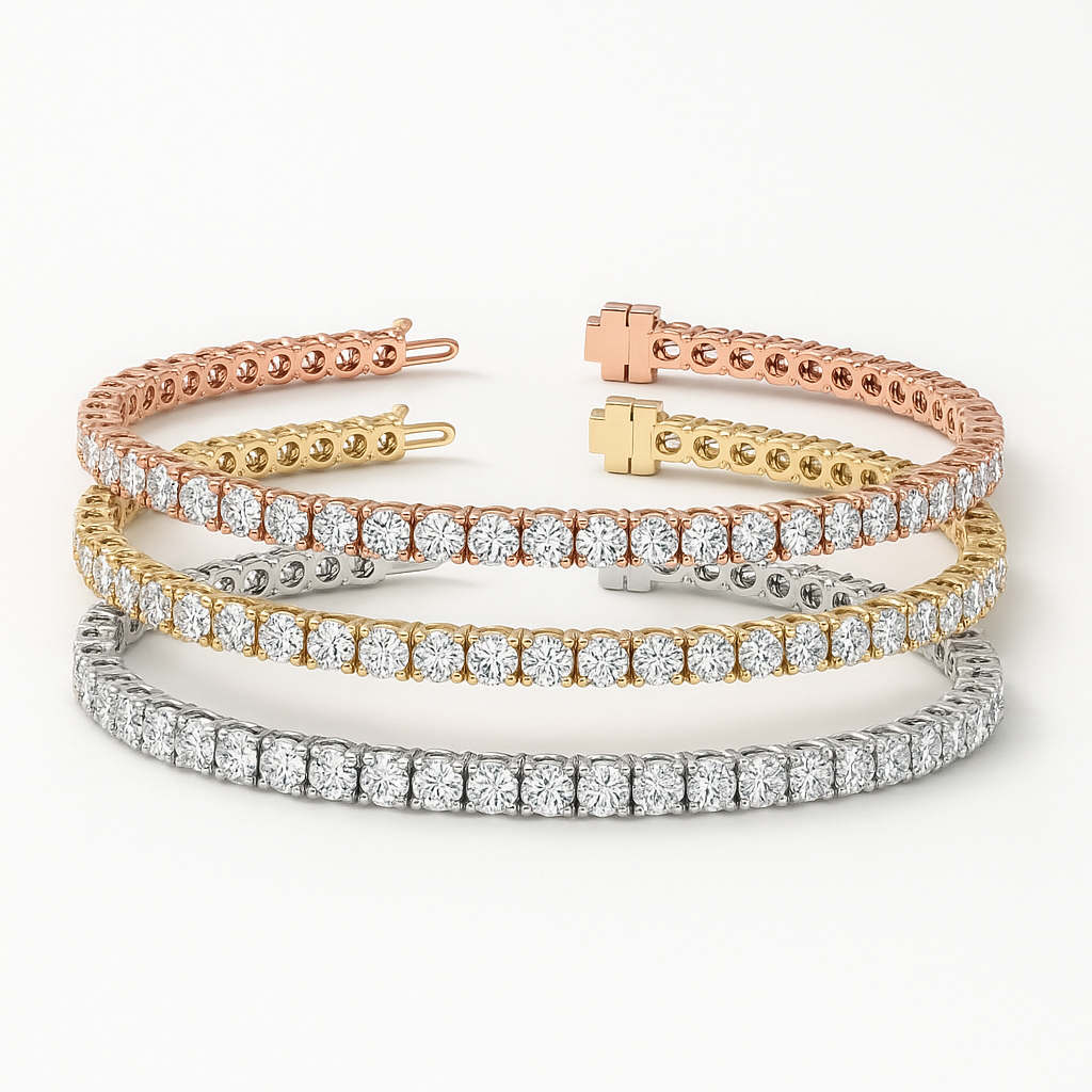 Set of Three 6ctw Created Moissanite Tennis Bracelets – 3mm Stones – 14K Gold Overlay in White, Yellow & Rose Gold - LUXGRIAL