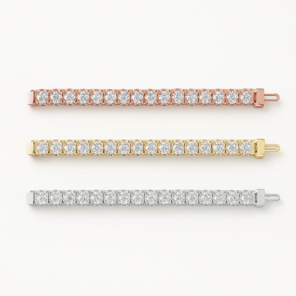 Set of Three 6ctw Created Moissanite Tennis Bracelets – 3mm Stones – 14K Gold Overlay in White, Yellow & Rose Gold - LUXGRIAL