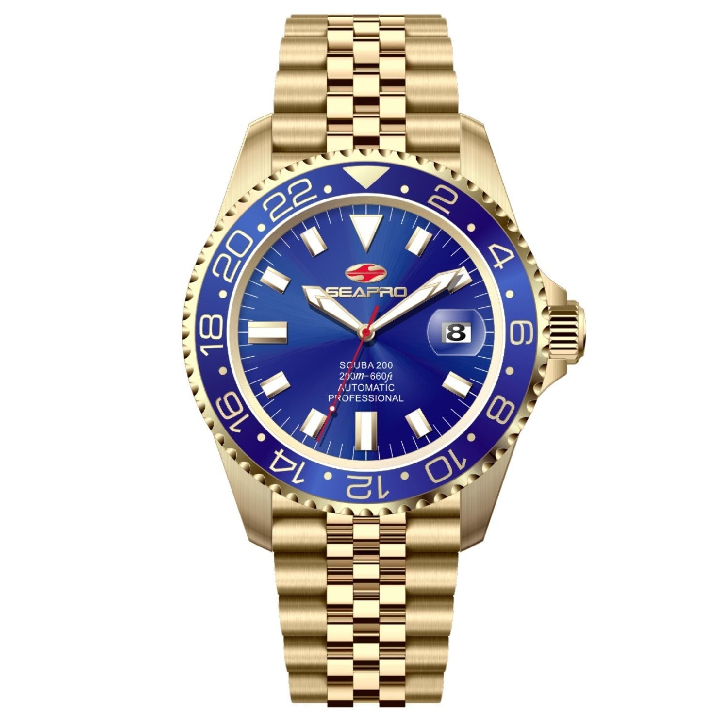 Seapro Men's Grand Meridian Quartz Watch – Blue Dial, Gold Bracelet, 43mm