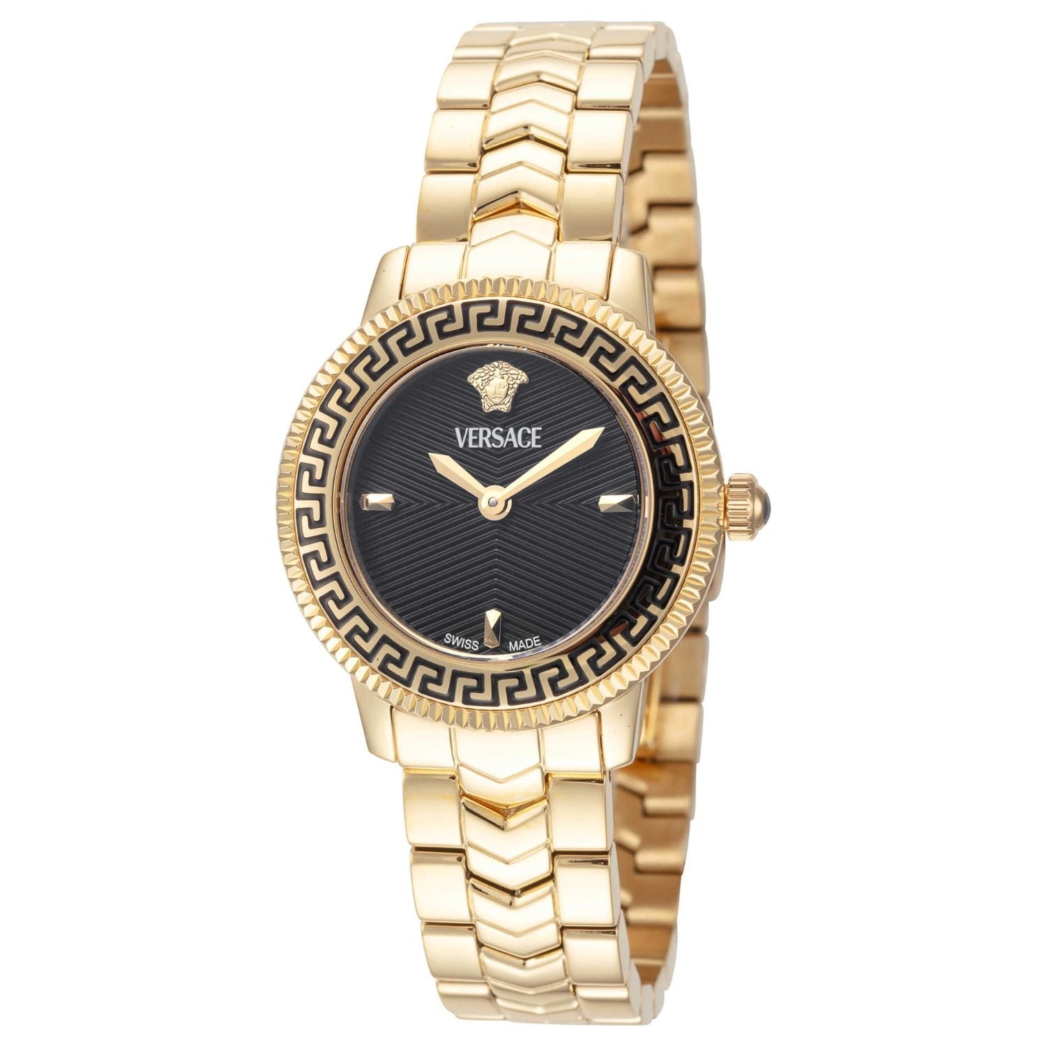 Versace Women's V-Icon Swiss Quartz Watch – Black Dial, Gold Bracelet, 30mm