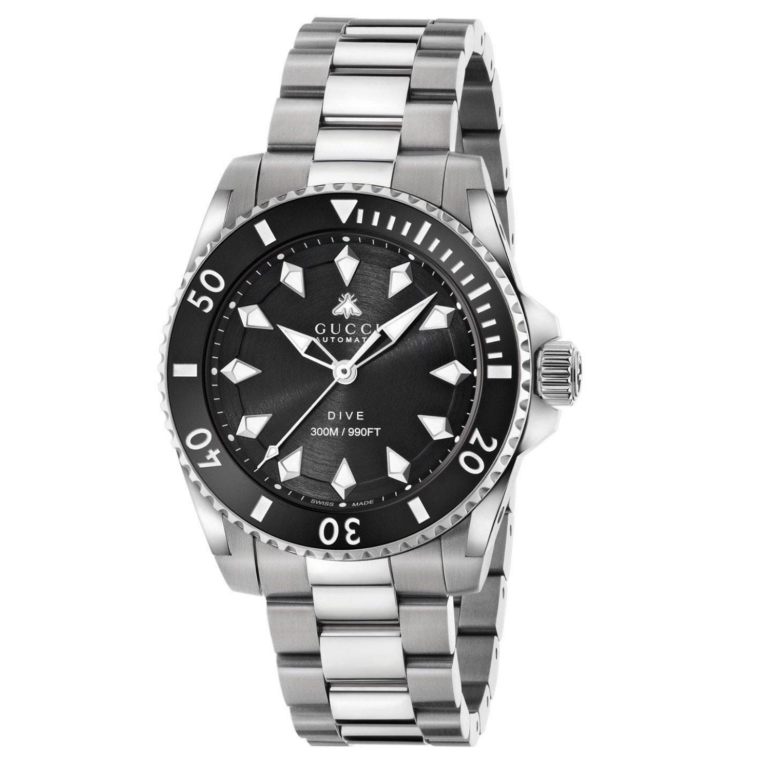 Gucci Men's Dive Swiss Quartz Watch – Black Dial, Silver Bracelet, 40mm