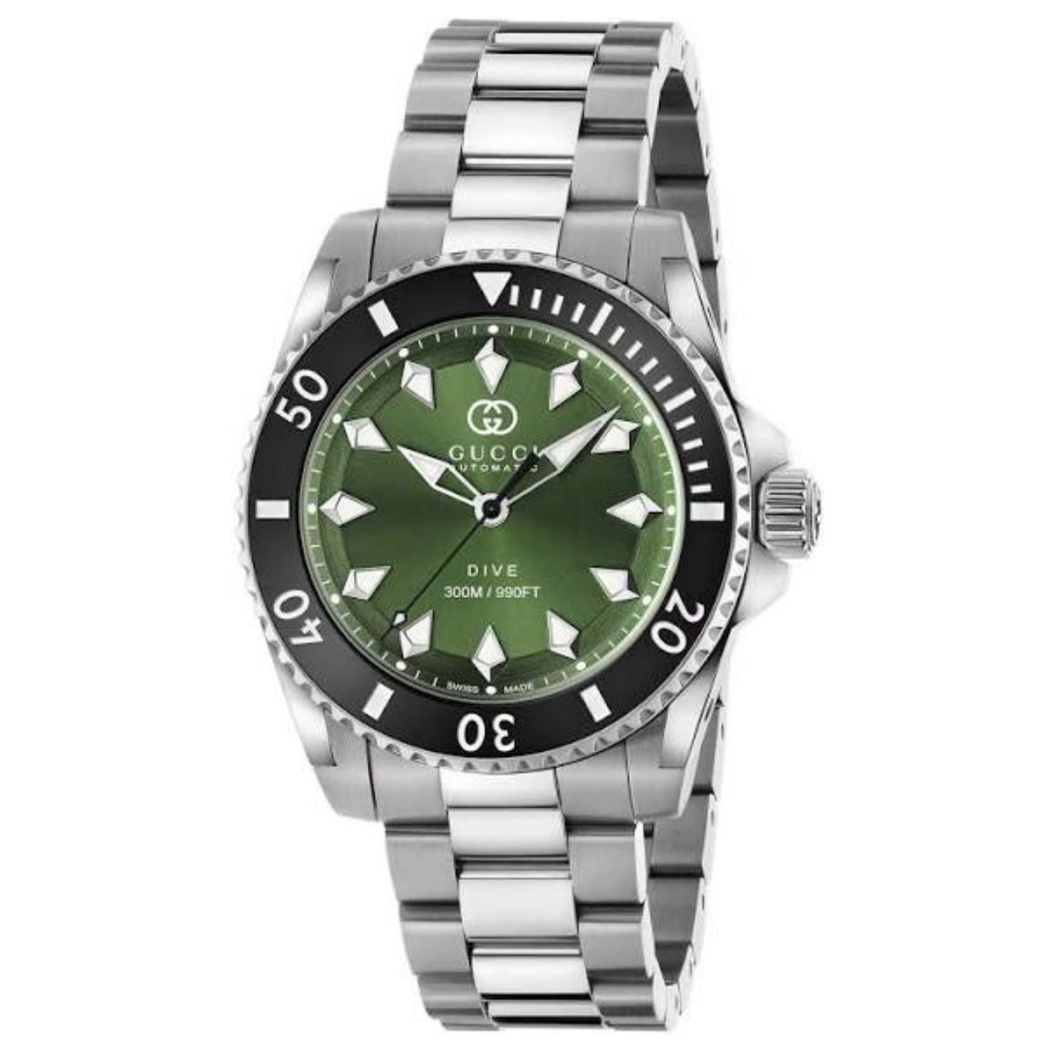 Gucci Men's Classic Swiss Quartz Watch – Green Dial, Silver Bracelet, 40mm